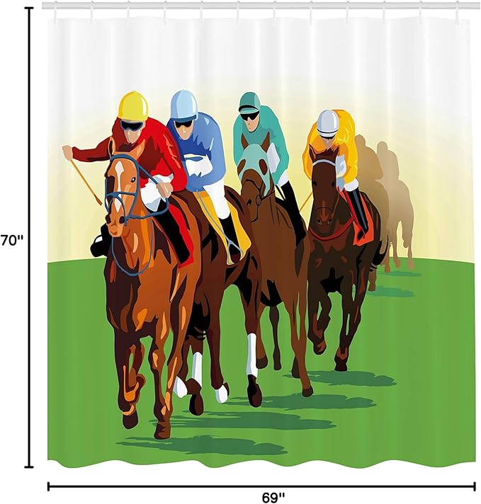 Ambesonne Horse Shower Curtain, Vibrant Colorful Competitive Scene with Jockeys Racing Horses Equine Retro Artwork, Cloth Fabric Bathroom Decor Set with Hooks, 69" W x 70" L, Brown Green