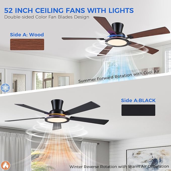 Ayaoty Ceiling Fans with Lights - 52in Flush Mount Ceiling Fan with RGB Dimmable, 3CCT 6 Wind Speeds and Reversible Quiet Motor, Low Profile RGB Fan Light for Modern Indoor, Party - Brown