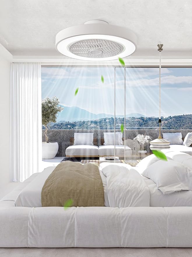 LEDIARY 20 Inch Low Profile Ceiling Fan With Light, Led Bladeless Ceiling Fans, Remote Control Enclosed Flush Mount Ceiling Fan With Timming, 3000-6000K, 6 Wind Speed, 3000LM, 57W-White