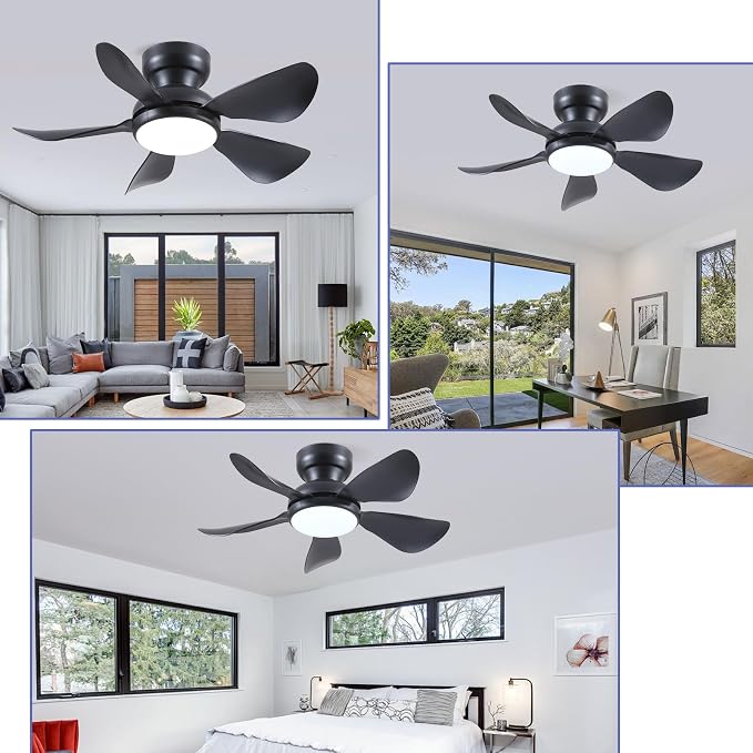 Kviflon 32 Inch Modern Ceiling Fans with Lights, Small Flush Mount Ceiling Fan with Light Remote Control, 5 Reversible 6 Speeds Curved Blades, 3 CCT Dimmable Lights for Kids Room Bedroom, Black