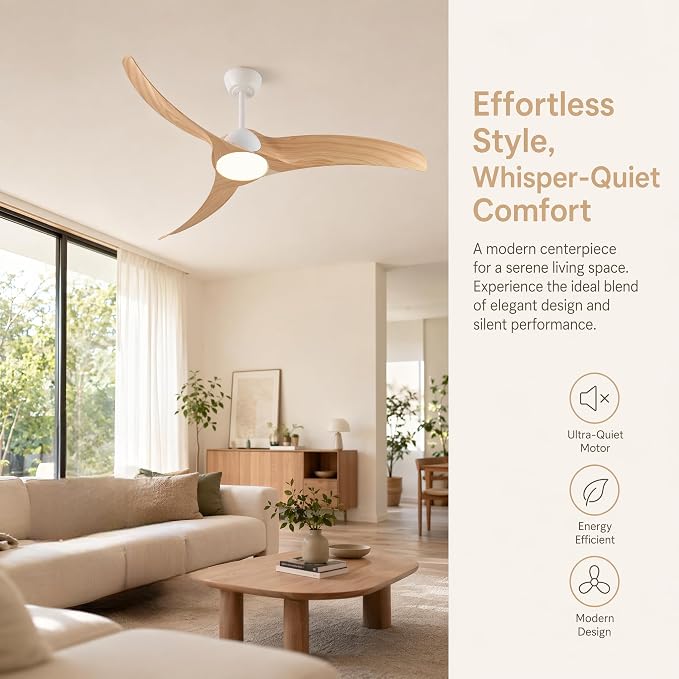 52 inch Ceiling Fan with Light, White/Wood Reversible Blades | Modern Low Profile Flush Mount, 3-Speed Reversible DC Motor, Dimmable 3-Color LED, Remote Control for Bedroom Living Room