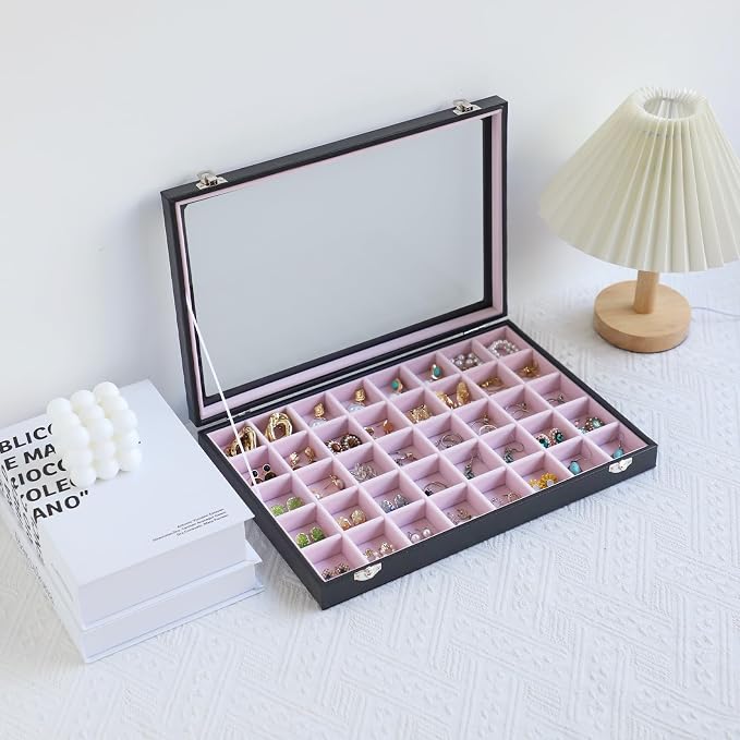 Stratalife 40 Grid Earring Organizer, Jewelry Holder Organizer with Lid | PU Leather Storage Box for Earring, Ring, Studs and Trinkets, Soft Velvet Drawer Organizer for Women, Dustproof, Pink Black