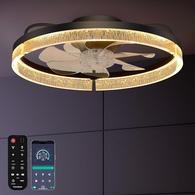 Conciseer 20 Inch Ceiling Fans with Lights and Remote, Flush Mount,3CCT 3000-6500K Dimmable 4W-35W, Low Profile 6 Speed Reversible Quiet DC Motor for Bedroom, Kids Room and Living Room, Black