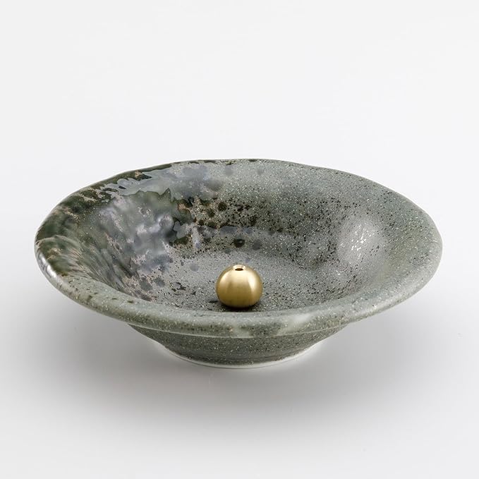 Asayu Japanese Small Incense Holder for Sticks 4.88 inch (124mm), Traditional Made in Japan Ceramic Ash Catcher and Brass Incense Burner Set - Grey