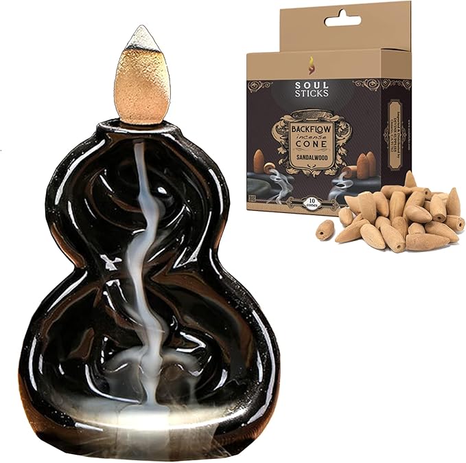 SOUL STICKS Backflow Incense Holder Burner Waterfall Fountain for Home, Office, Yoga, Room Decor & Aromatherapy with 1 Pack of 10 Backflow Fragrance Cones Included (Infinity Falls)
