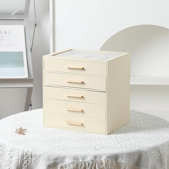 Frebeauty Jewelry Box for Women,Clear Lid Jewelry Organizer with 5 Drawers | Faux Leather,Velvet Lining,5-Layer Large Capacity,Jewelry Storage for Rings Earrings,Dustproof Design,Golden Stylish Handle