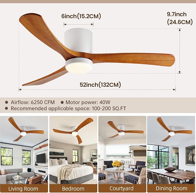 GESUM Ceiling Fan With Light, 52" Flush Mount Ceiling Fan with 3 Wood Blades, Reversible,Dimmable, for Living Room Kitchen Bedroom(White+Wood)