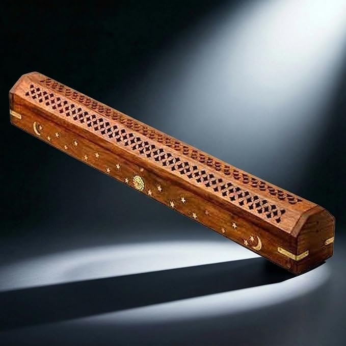 19” Long Dual Incense Holder for Sticks & Cones, Large Handcrafted Wood and Brass Ash Catcher with Storage, Gothic Home Decor for Meditation, Yoga, Altar, Antique, Witchy Decor (Natural Wood)