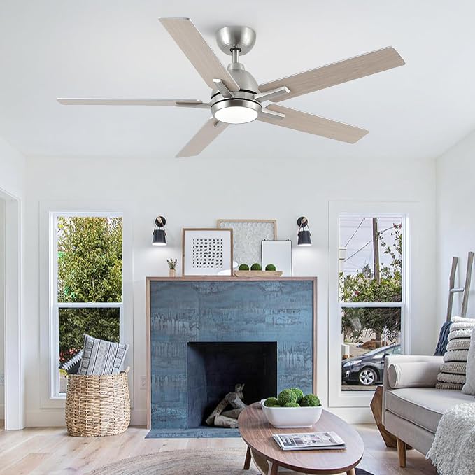 52 Inch Downrod Brushed Nickel Ceiling Fan with Light & Remote, ETL Listed | 6 Speed, Quiet DC Motor, 3-Level Timer Function, 3 Color Temperature, Forward/Reserve For all Seasons, Indoor/Covered Outdoor
