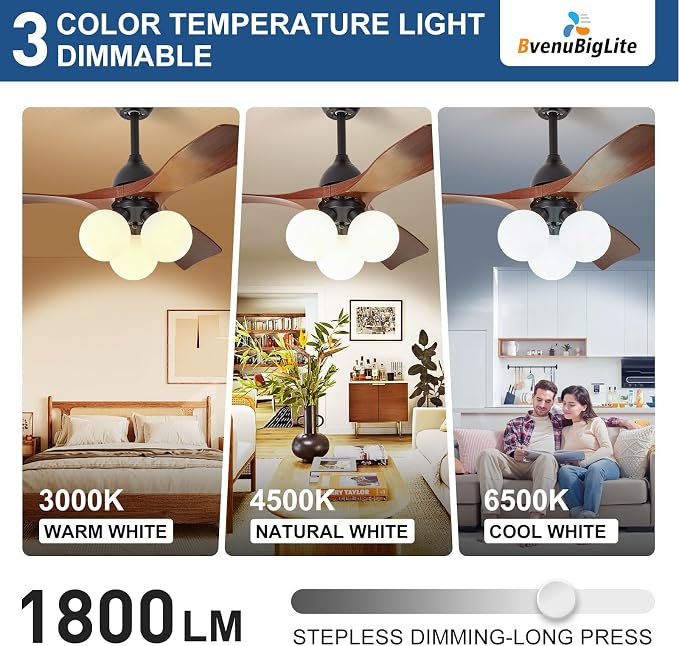 Ceiling Fans with Lights and Remote: 42-Inch Ceiling Fan 3 Blades Bubble Low Profile Outdoor - Walnut Ceiling Fans with Remote Control Quiet Reversible DC Motor for Living Room