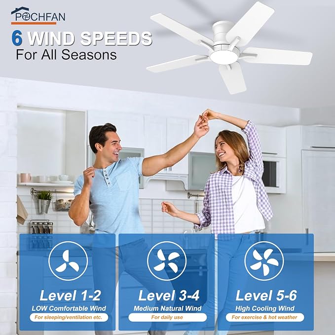POCHFAN 42 Inch White Ceiling Fans with Lights and Remote, Flush Mount Low Profile Ceiling Fan for Bedroom, Living Room, Patio, Dimmable 6 Speeds Noiseless Reversible, ETL Listed