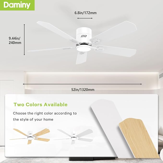 DAMINY 52 inch 5 Blades White Ceiling Fans with Lights,Flush Mount,6CCT, Low Profile Ceiling Fan with Light and Remote Control,DC Motor,Ceiling Fan for Bedroom, Kitchen,Living Room,Indoor/Outdoor Use