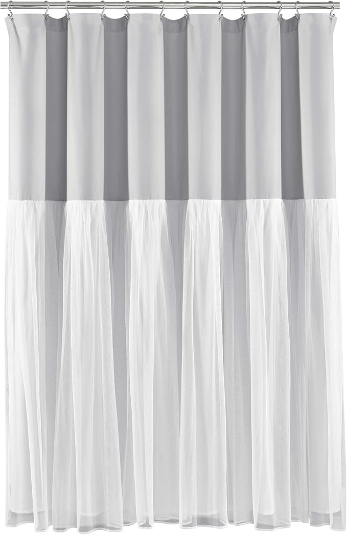 Lush Decor Tulle Skirt Colorblock Shower Curtain Single 72" W x 72" L Light Gray & White - Fabric Shower Curtains for Bathroom - Cute Bathroom Curtain