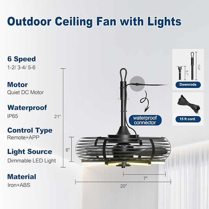 Coolbull Outdoor Ceiling Fans with Lights, 20'' Hanging Fan, Plug and Play | Wet Rated, Remote & APP Control Black Outdoor Fan with Hook for Gazebos, Patios, Porches, Decks