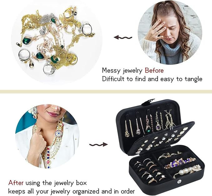 Hatori Travel Jewelry Box, PU Leather Small Jewelry Organizer for Women Girls, Double Layer Portable Mini Travel Case Display Storage Holder Boxes for Stud Earrings, Rings (Black02)