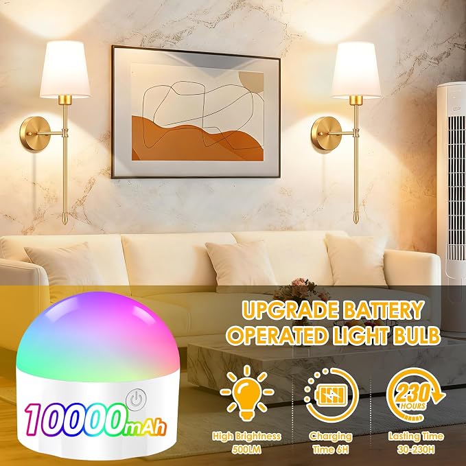 OCATO Battery Operated Wall Sconce: 10000mAh Wireless Wall Sconces Set of Two Rechargeable Lamp Dimmable Magnetic Lights with 7 RGB Colors and Remote Walls Decor for Bedroom Living Room Hallway