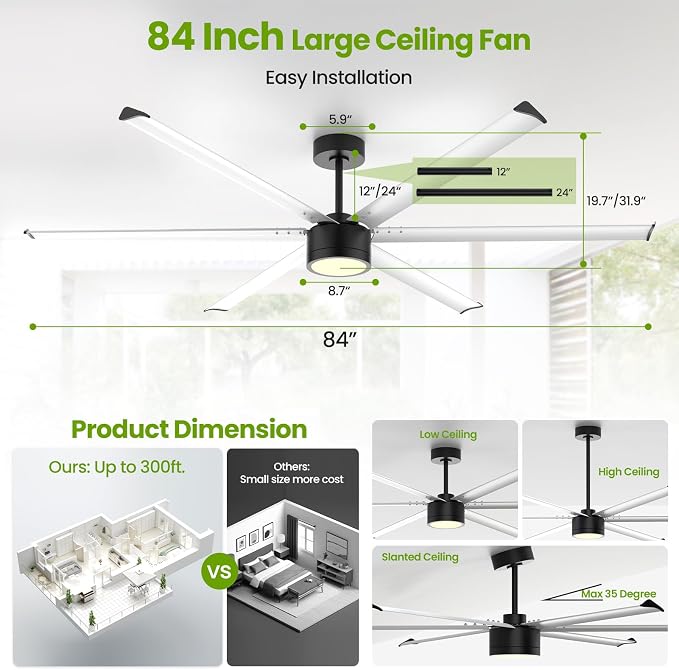 84 Inch Industrial Ceiling Fan with Light,2 Downrods,6-Speed,Large Ceiling Fan with Remote and APP,6 Reverisble Aluminum Blades,Outdoor Ceiling Fans for Patios/Shop/Garage/Commercial Black