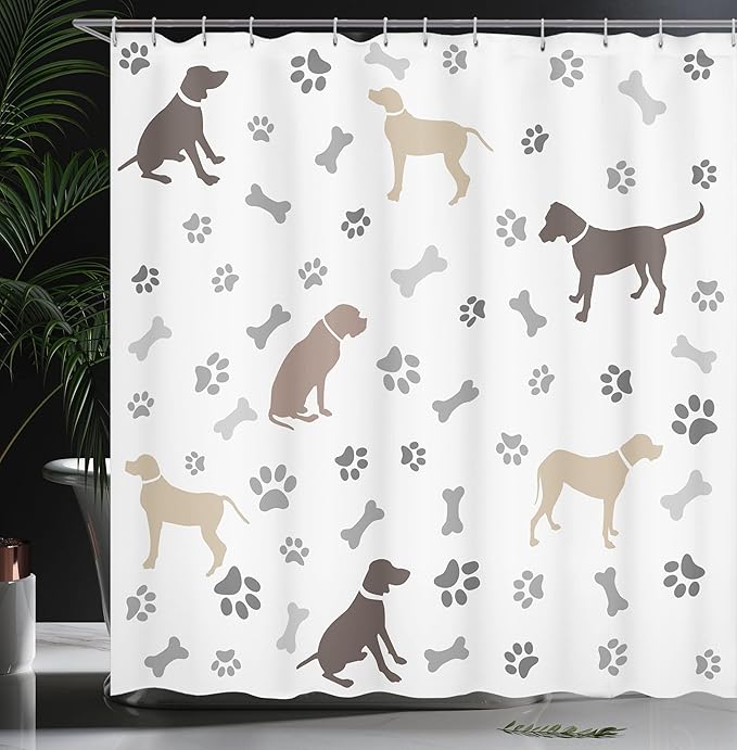Ambesonne Dog Lover Shower Curtain, Paw Print Bones and Dog Silhouettes American Foxhound Breed Playful Pattern, Cloth Fabric Bathroom Decor Set with Hooks, 69" W x 75" L, Umber Beige Grey