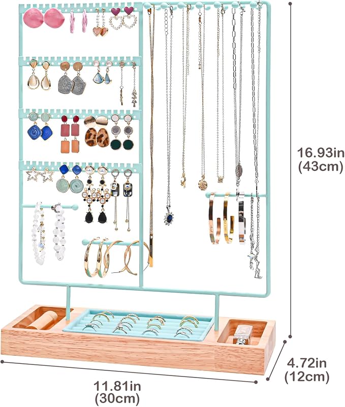 ProCase Jewelry Organizer Stand Earring Holder Organizer, 6 Tiers Earring Organizer Tree Necklace Rack Jewellery Tower Bracelets Holder Storage with Removable Wooden Ring Tray for Women Girls -Blue