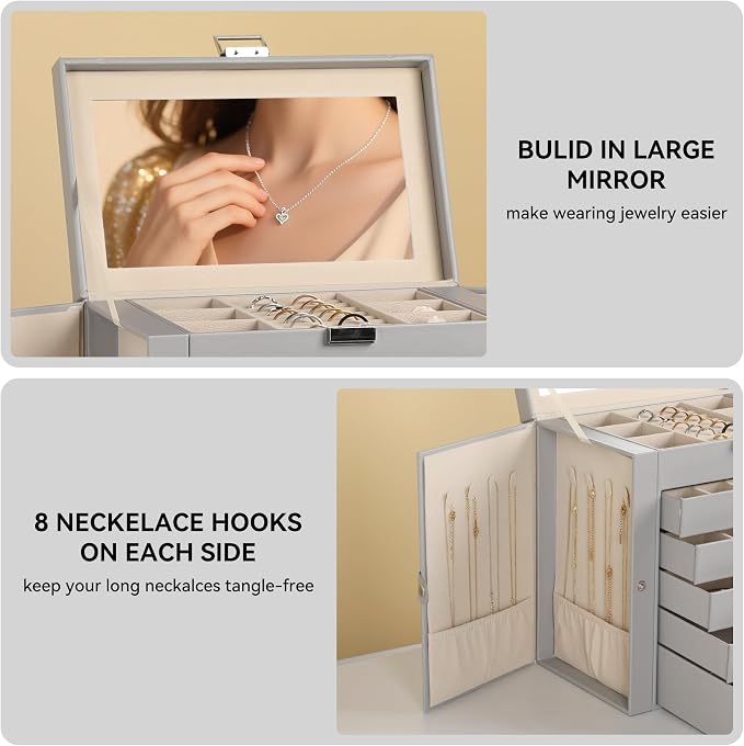 Frebeauty 6-Layer Jewelry Box for Women,Large Jewelry Organizer with Drawer | Faux Leather,Built-in Mirror,Spacious Jewelry Storage,16 Necklace Hooks,Organizing by Category for Rings Earrings Bracelet