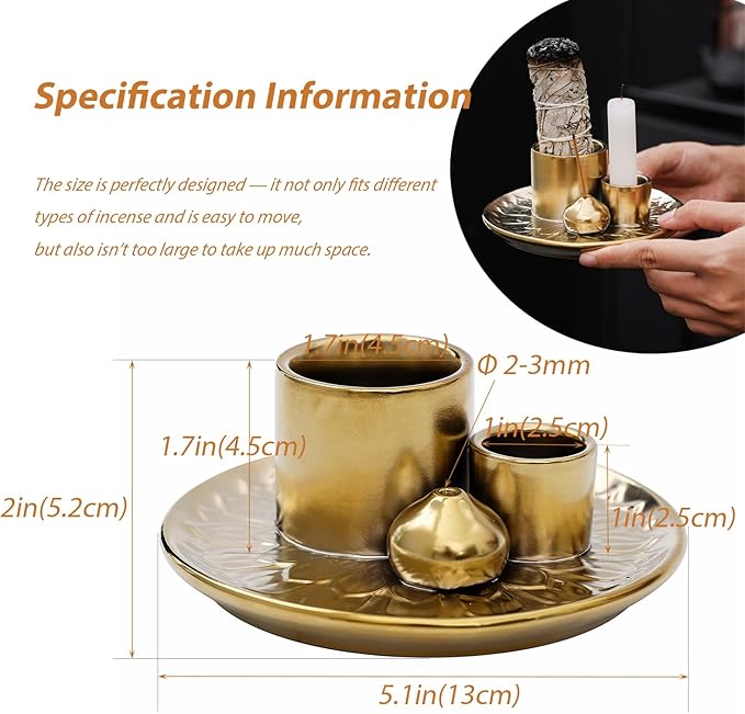 4 in 1 Incense Burner Holder with Ash Catcher, Gold-Plated Ceramic Tray for Burning Incense Sticks, White Sage, Palo Santo, Candle