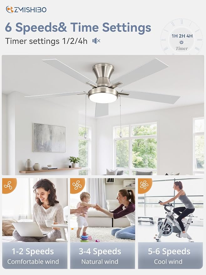 ZMISHIBO Ceiling Fans with Lights, Low Profile Ceiling Fan with Pull Chain and Remote Control, Flush Mount, Reversible, Dimmable, Noiseless, White Pull Cord Ceiling Fan for Bedroom(52inch Nickel)