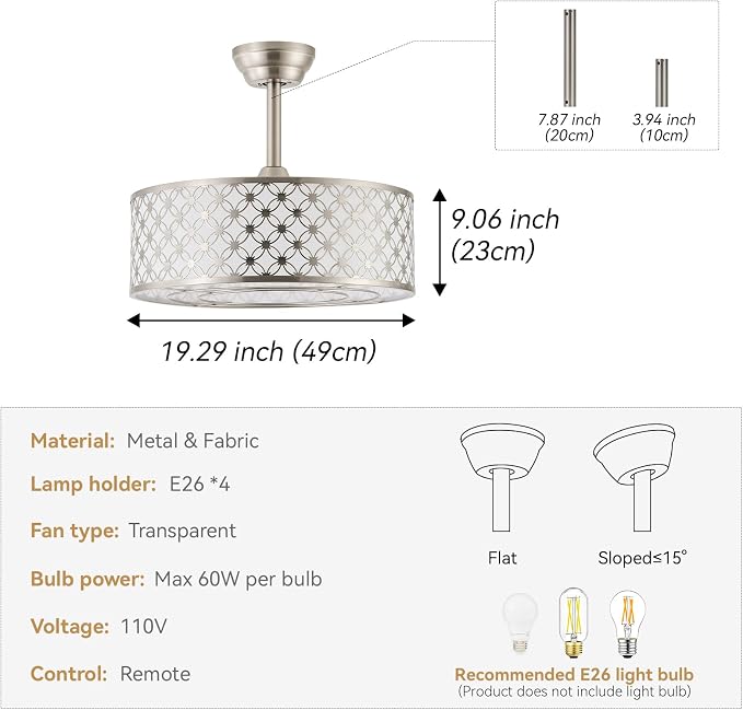Silver Fandelier Ceiling Fan with Light, 20" Caged Silver Chandelier Ceiling Fans with Lights Remote Control, Fabric Mid-Century Modern with 6 Speeds for Bedroom, Nursery, Living Room.