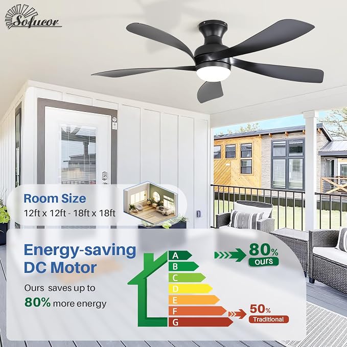 Sofucor 52 Inch Low Profile Ceiling Fan with Light, Flush Mount Outdoor Black Ceiling Fan with Remote for Bedroom Living Room Patio, Dimmable LED High Airflow Quiet Reversible DC Motor