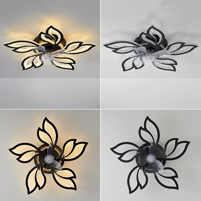 25" Black Geometric Ceiling Fan with Lights and Remote Control, 3 Light Color 6 Speeds Flush Mount Low Profile Ceiling Fan for Bedroom Kitchen