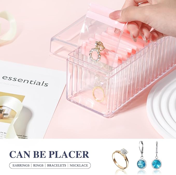HOMEHIVE Acrylic Jewelry Box Organizer, Clear Jewelry Organizer Holder with 20 Portable Anti Tarnish Jewelry bags, Travel Jewelry Case for Earrings/Rings/Necklaces for Women Girls, Pink