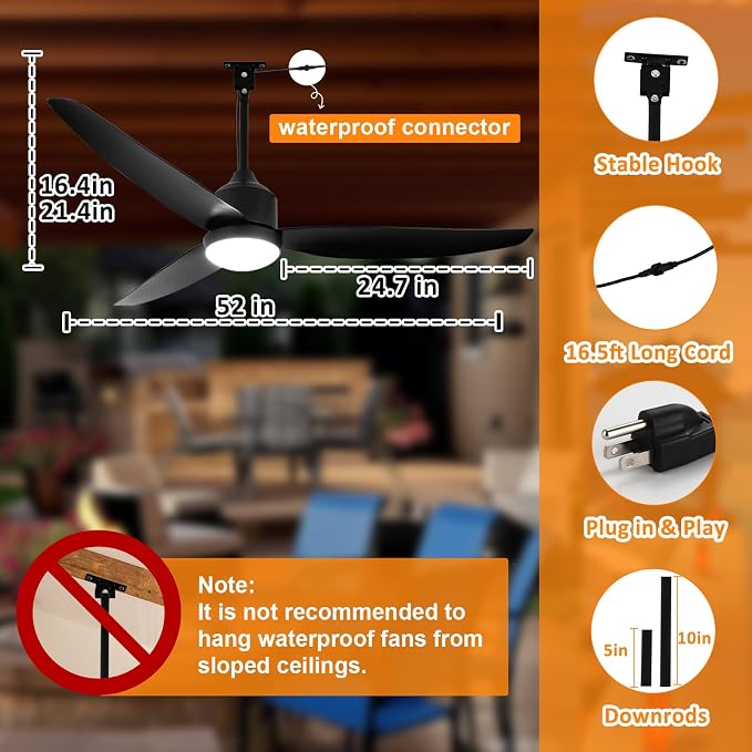 Depuley Outdoor Ceiling Fan with Light: 52 Inch Gazebo Fan Outdoor Hanging - Plug in Waterproof Fans with Lights for Patio - Dimmable Remote App Control Black