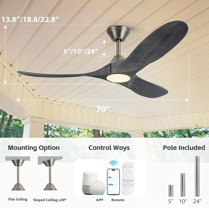 70 inch Large Ceiling Fans with Light, Modern Smart Ceiling Fan with Tuya App/ Alexa/ Google Assistant, Gray Solid Wood Ceiling Fan with Rebersible DC Motor, 3 Blades for Commercial Shop Living Room