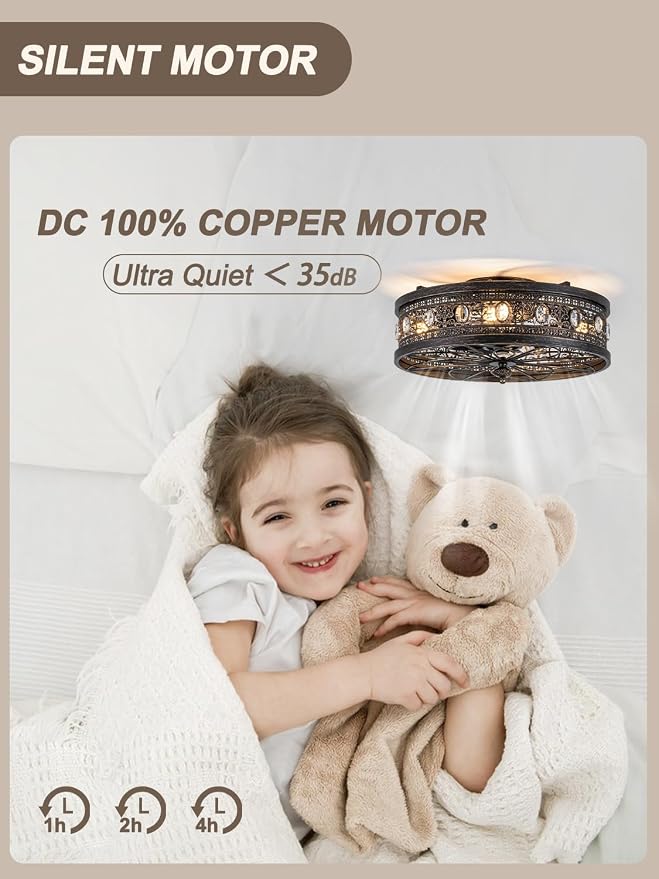 20 Inch Caged Flush Mount Ceiling Fans with Lights and Remote | Vintage Rustic Ceiling Fan with 6 Speeds Timing, Small Enclosed Bladeless Ceiling Fandelier for Bedroom, Kitchen, Foyer