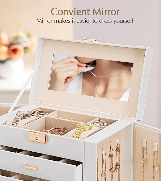 Homde Jewelry Box Large for Women: 6 Layers 5 Drawers Organizer with Mirror for Ring Earring Necklace - Storage Holder with Lock for Dresser - Ideal Gift Case (White)