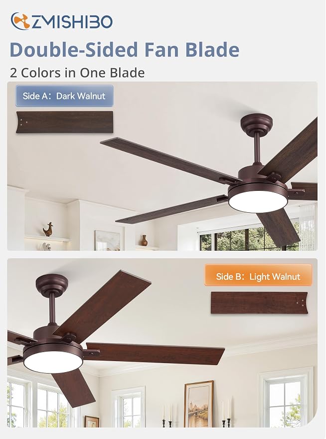 ZMISHIBO 60" Ceiling Fan with Light, 30W LED, Smart Remote/APP, Oil Bronze | Modern Ceiling Fans, 6 Speeds & 3CCT Dimmable, Quiet DC Motor, Noiseless for Living Room, Bedroom, Kitchen
