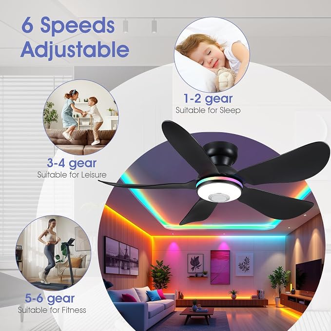 Kviflon 46" Ceiling Fans with RGB Lights Remote/APP Control, Low Profile, 3 CCT Dimmable White Lights+RGB Ring Lights+Music Player, 5 Reversible Plastic Blades 6 Speeds for Kidsroom, Black