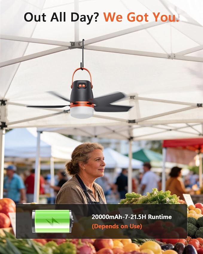 20” Canopy Fan with Lights, 20000mAh Battery Operated Ceiling Fan, Portable Outdoor Camping Fan with Remote Control, 4 Speeds & Dimmable for Canopy, Tent, Gazebo, RV, Garage