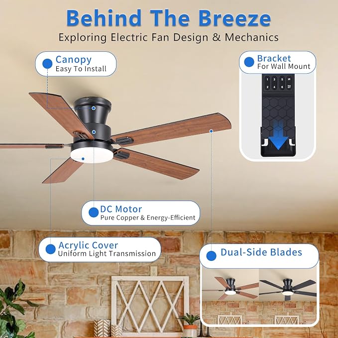 NKPU 52" Ceiling Fans with Lights, Low Profile Ceiling Fan with Light and Remote/APP Control, 6 Speed, Dimmable, Safe Quiet DC Motor, Brown Flush Mount Ceiling Fan for Bedroom Indoor/Outdoor Use