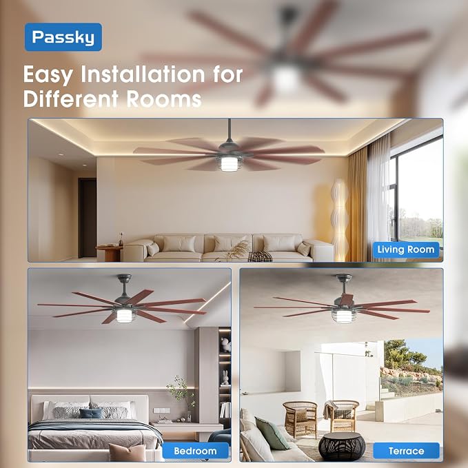 Passky Ceiling Fans with Lights, 72 inch Black Ceiling fan with Light and Remote Control, Reversible, Dimmable, 3CCT, Quiet, Caged Ceiling Fan for Farmhouse, Bedroom, Living Room, Indoor/Outdoor Use