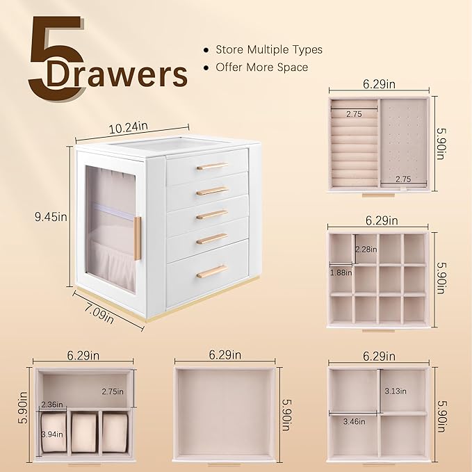 Homeanda Jewelry Box for Women with Glass Lid, 5 Drawers Jewelry Organizer and Storage for Necklaces, Rings, Earrings, Bracelets, Gift for Girls and Teens,PU Leather (White)
