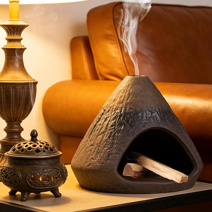 Palo Santo Holder Incense Burner-Zongzi Clay Smudge Bowl with Chimney, Mini Ceramic Fireplace for sage、Cone Burning (Handmade - A)