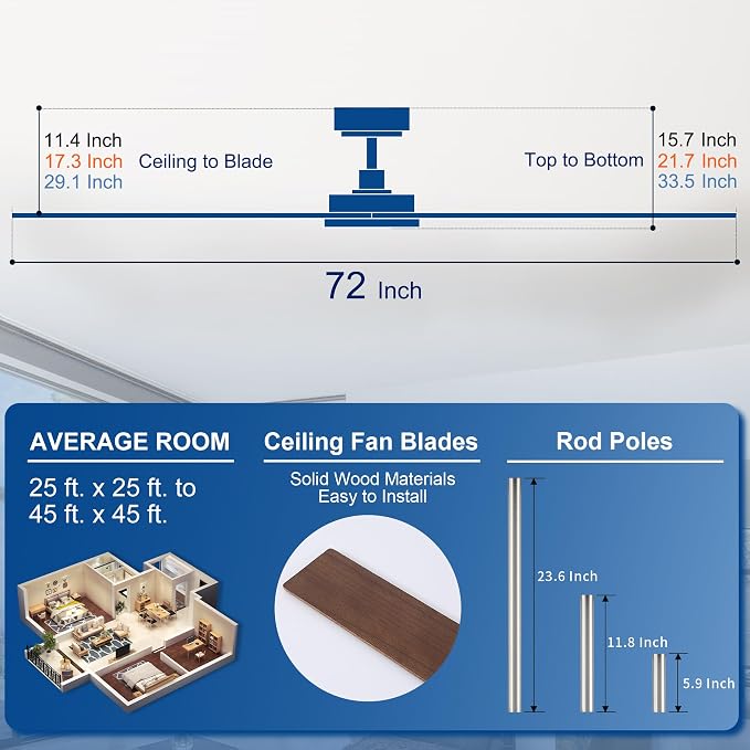 Rayqueen 72 Inch Brushed Nickel Ceiling Fans with Lights and Remote,Downrod | Walnut Blades,6 Speed Reversible DC motor,3-color temperature dimmable LED, 5.9/11.8/23.6 inch downrod