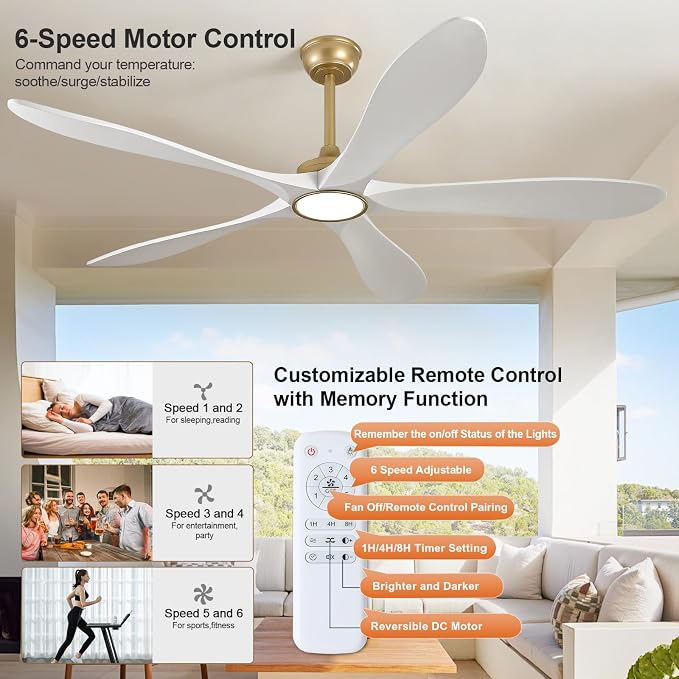 60 Inch White and Gold Ceiling Fans with Lights and Remote, Modern Outdoor Ceiling Fan with Light for Patio Porch Large Room, 3 Wood Blade, Memory Function, Quiet DC Motor, High CFM Airflow