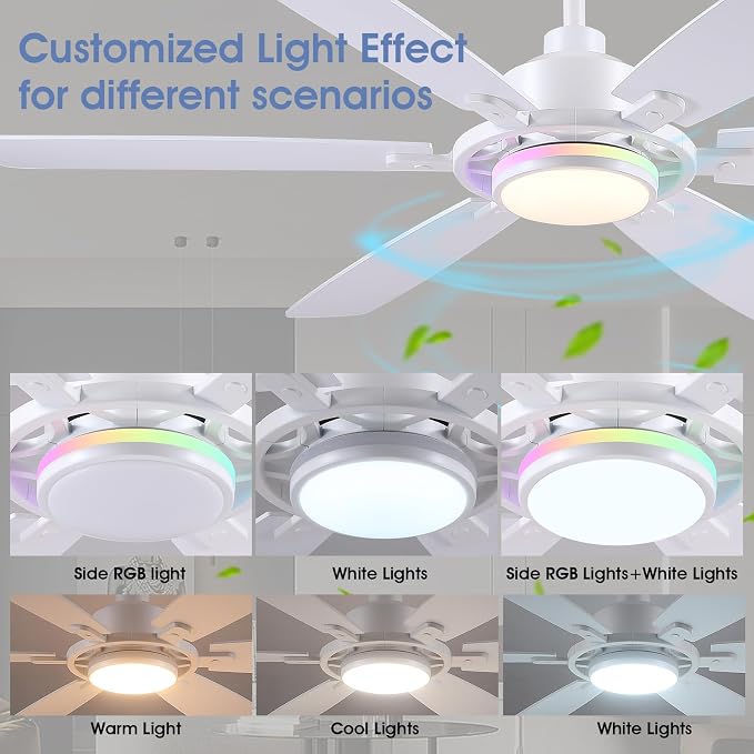 SHIHOT 54" Modern 6-Blade White RGB Ceiling Fans with Lights and Remote | 14 RGB Modes ,6 Wind Speeds, Reversible, Dimmable 3 CCT LED, 30W Quiet DC Motor,6 Double-Sided Blades,for Bedroom Kidsroom