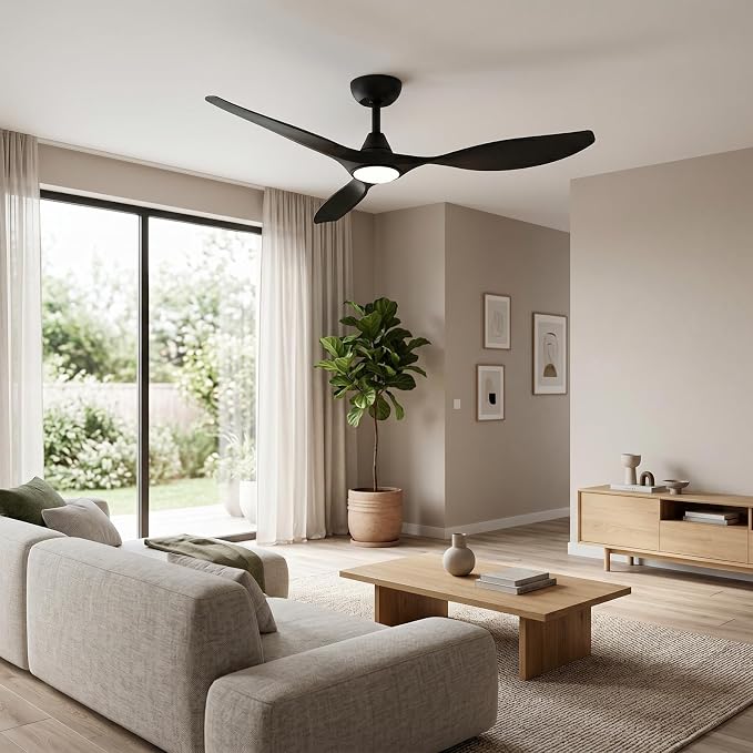 Roomratv Ceiling Fans with Lights, 52 Inch BLack Ceiling Fan, Remote Control,Quiet Reversible DC Motor,Dimmable,6 Speeds,Easy to Install,Modern Ceiling Fans for Bedroom,Living Room,Indoor,Outdoor