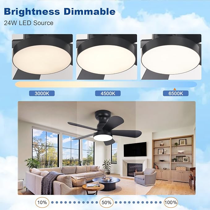 Depuley Black Ceiling Fan with Lights: 28-Inch Flush Mount Fan with Light and Remote - Low Profile Ceiling Fans Reversible Quiet DC Motor for Bedroom Living Room Indoor Outdoor