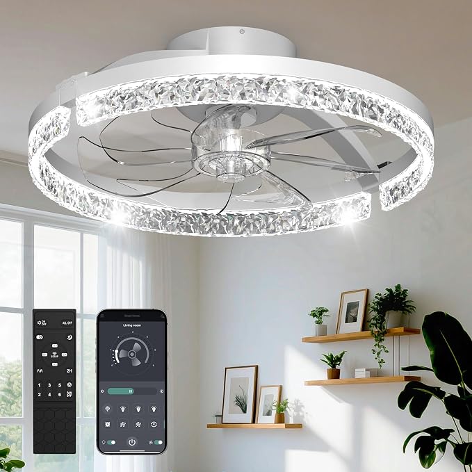 Ceiling Fans with Lights and Remote, 20" Low Profile Flush Mount Ceiling Fan, 3000-6500K Dimmable LED Fandelier, 6 Quiet Speeds for Bedroom
