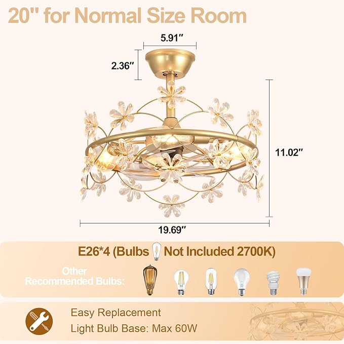 Depuley Bedroom Ceiling Fan with Lights: 20" Gold Chandelier Small Fan with Remote Control - Modern Flower Fandelier for Girl's Bedroom Living Room Kitchen