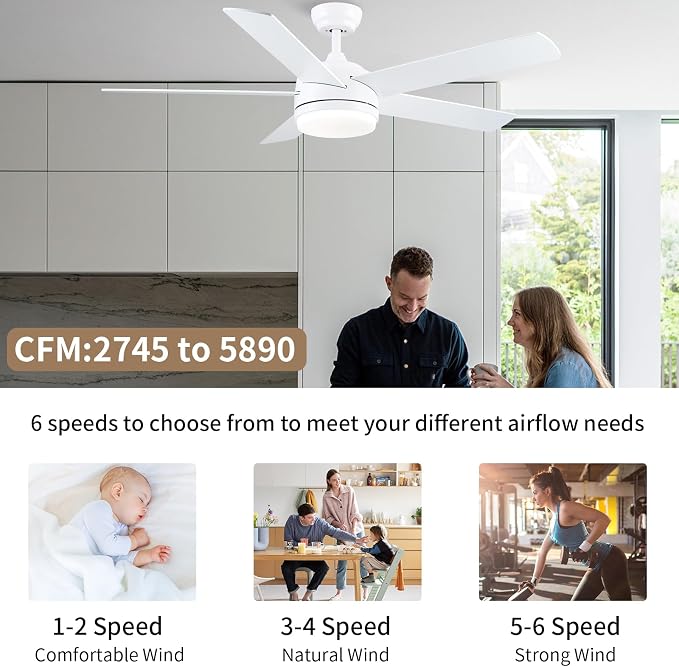 YUHAO 52 Inch White Ceiling Fan with Light and Remote Control.Noiseless,Dimmable,3CCT,6 Speeds Reversible, DC Ceiling Fans for Indoor or Covered Outdoor Use.ETL Listed