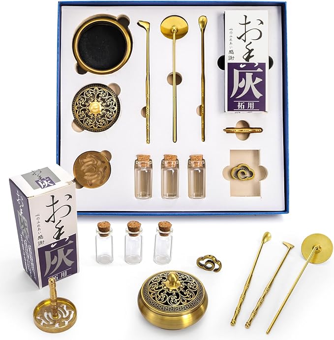 Noamus 12 Pcs Incense Burner Kit, Brass Powder Ash Making Set with Censer, Chinese Incense Art Mold Press Tool, Home Fragrance Holder in Gift Box for Relaxation, Meditation, Yoga, Aromatherapy